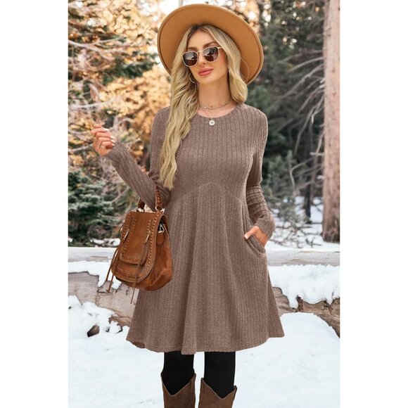 Ofeefan Women Khaki Crew Neck Long Sleeve Empire Waist Dress with Pockets - Picture 2 of 5